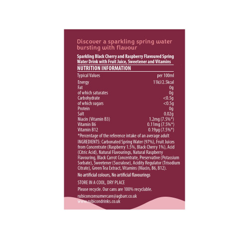 Rubicon Rubicon Spring Black Cherry Raspberry Flavoured Water, 12 Pack, 330ml Cans 1