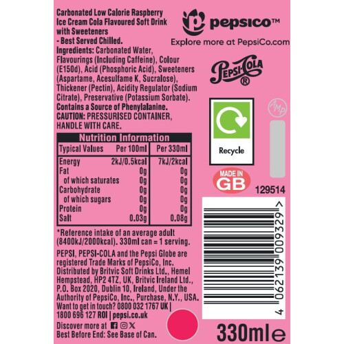 Pepsi Pepsi Raspberry Ripple Ice Cream Flavour Cola | 330ml Can | 24 Pack 1