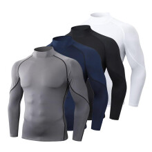 (Black, M) Men's High Neck Long Sleeve Compression Shirt Moisture Wicking Quick Dry Athletic Running Gym Training Top