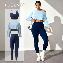 (M, Gray) Women's 3 Piece Yoga Outfit Set Seamless Sports Bra Long Sleeve Top Leggings Athletic Workout Clothes