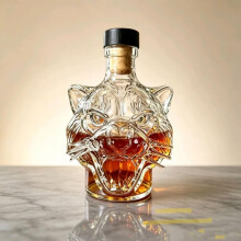 (Glass;350ml) 3D Wild Cat Whiskey Decanter, Clear Glass Liquor Bottle, Collectible Empty Wine Bottle for Business Gift