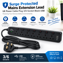 Surge Protected UK Extension Lead 3/6 Socket USB