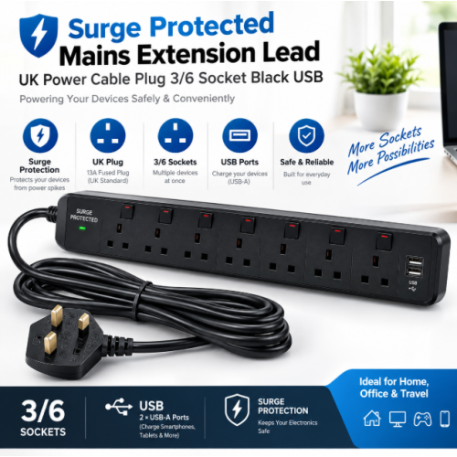 Surge Protected UK Extension Lead 3/6 Socket USB