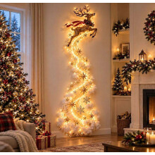 Wandlamp met vliegende rendieren en kerstwaterval, voorgemonteerd met warm licht, sterren, sneeuwvlokken en pluizige wolken, grote hang