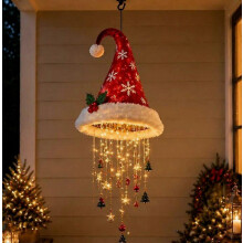Hangende kroonluchter met kerstmuts en verlichting, warme LED-kerstverlichting, binnen- en buitenverlichting voor de feestdagen, geschi