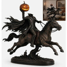 Verlicht beeld van de Hoofdloze Ruiter, LED pompoenpaard Halloween decoratie, griezelig gotisch fantasiebeeldje met warme gloed