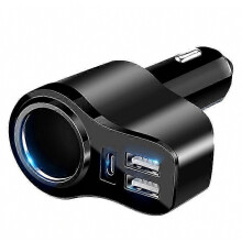 Adaptateur répartiteur de chargeur de voiture USB-C 4 en 1 36 W avec prise allume-cigare et prise USB-C noire