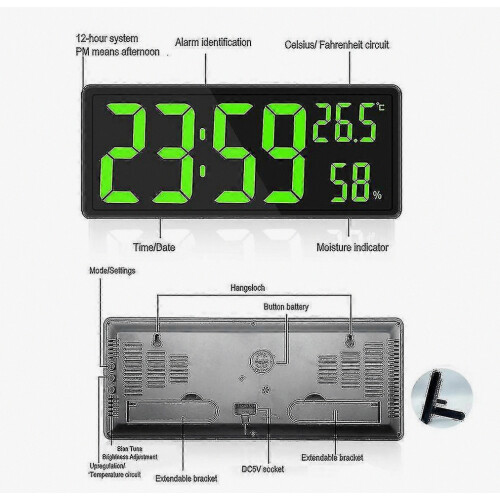Large Digital Clock with Temperature Humidity LED Display for Bedroom Office Wall Mount 2
