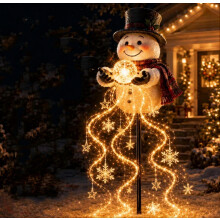 Sneeuwpop Magische Fontein LED Kersttuinverlichting op een prikker, Waterval van Sterren en Sneeuwvlokken, Werkt op Zonne-energie met W