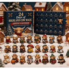 Calendrier de l'Avent magique de Noël avec des vaches des Highlands, 24 adorables mini-statues de vaches, décoration de Noël en boîte s