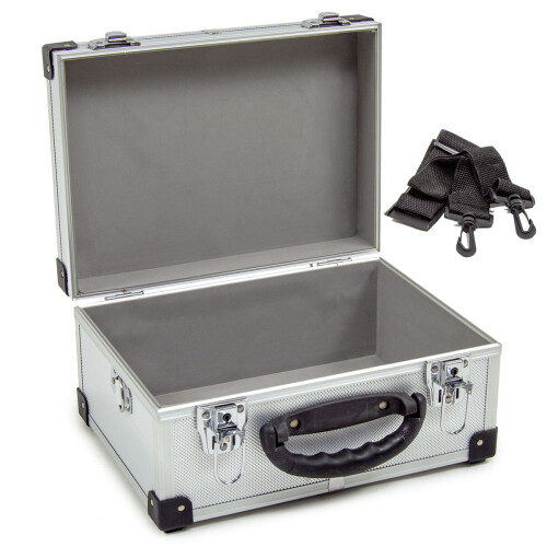 WOLF Wolf 320mm Aluminium Storage Case, Silver, Lockable Clasps, Foam Lined, Shoulder Strap
