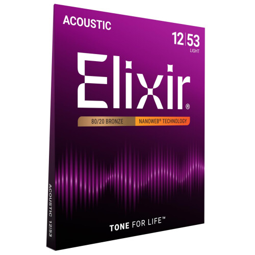 Elixir 11052 Strings 80/20 Bronze Acoustic Guitar Strings w NANOWEB Coating, Light (.012-.053)