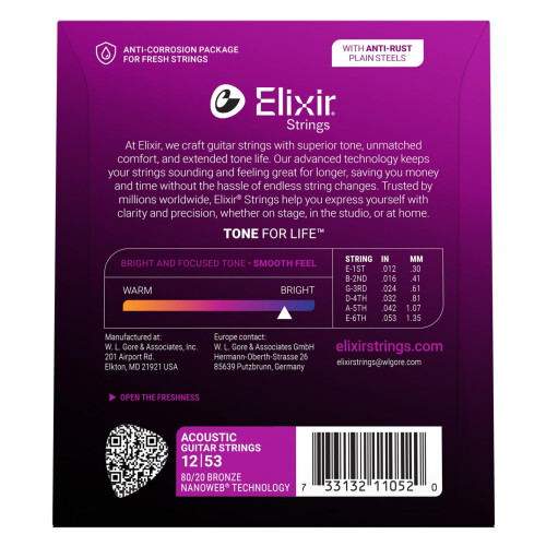 Elixir 11052 Strings 80/20 Bronze Acoustic Guitar Strings w NANOWEB Coating, Light (.012-.053) 1
