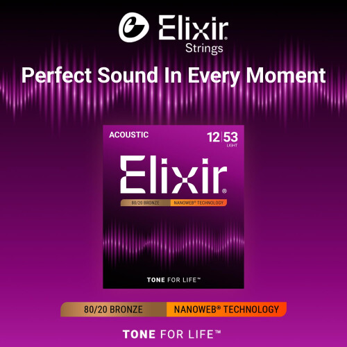 Elixir 11052 Strings 80/20 Bronze Acoustic Guitar Strings w NANOWEB Coating, Light (.012-.053) 2