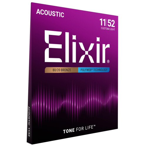 Elixir 11025 Strings 80/20 Bronze Acoustic Guitar Strings w POLYWEB Coating, Custom Light (.011-.052)
