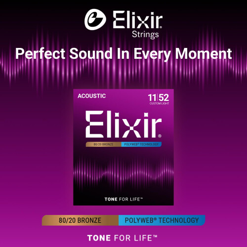 Elixir 11025 Strings 80/20 Bronze Acoustic Guitar Strings w POLYWEB Coating, Custom Light (.011-.052) 2
