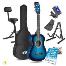 Max SoloArt Junior Acoustic Guitar Kit 1/4 Size in Blue with Foldable Guitar Stool, Padded Backrest & Universal Floor Stand – Beginner Acoustic Guit