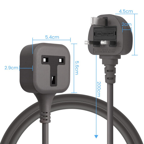 FOXNSK Single Extension Lead 2m Surge Protected for Tumble Dryer Grey 2