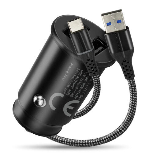 Car charger 2 X USB 12W black + cable USB-C 1m