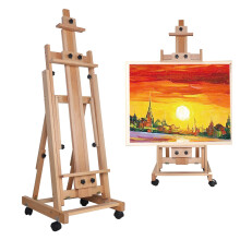Tilting Studio Easel. Height Adjustable H-Frame Wooden Easel Featuring a Large Tilt Range. Castor Wheels Allow Easy Movement and Can Be Locked into Pl