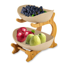 2 Tier Fruit Basket Ceramic Fruit Bowl for Kitchen with Bamboo Stand Two Tier Vegetable Storage Stand Holder for Kitchen Counter Yuanbao Holder for Sn