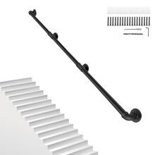 12FT/3.6M Pipe Stair Handrail Metal Railing Staircase Handrails Wall Mount Non-Slip Safety Stair Rail Outdoor Indoor Industrial Pipe Handrail Black St