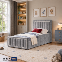 (2ft6" Small Single(with Gaslift), Pink(with Matress)) Velvet Kids Double Bed Frame Border Panel 54” Headboard Mattress Gas Lift Storage Bed