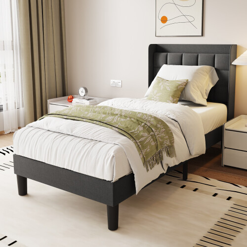 (3ft Single) Bed Frame with Linen Upholstered Tufted Headboard & Type-C and USB ports