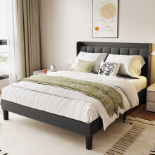 (5ft King size) Bed Frame with Linen Upholstered Tufted Headboard & Type-C and USB ports