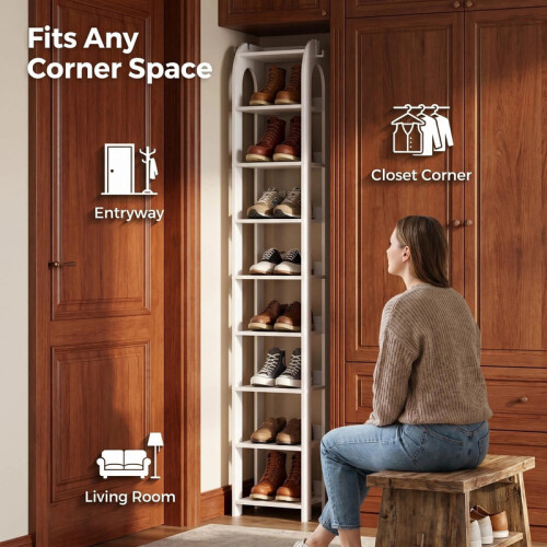 Wooden Shoes Organizer for Small Space, White,9-Tier 2