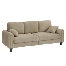 (Camel) Upholstered 3 Seater Sofa Waffle Fabric Deep Seat with 2 Throw Pillows for Living Room