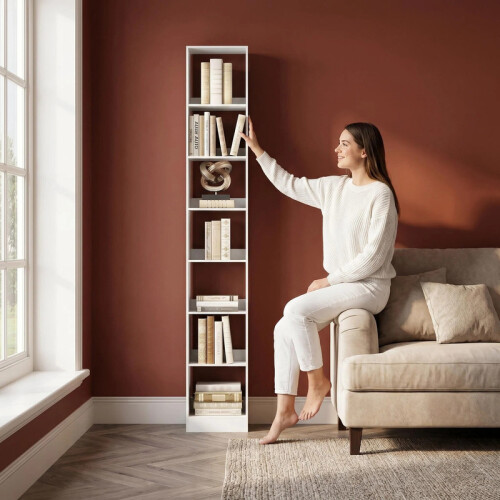 7 Tier Bookcase Tall Narrow Bookshelf with Open Storage Shelf