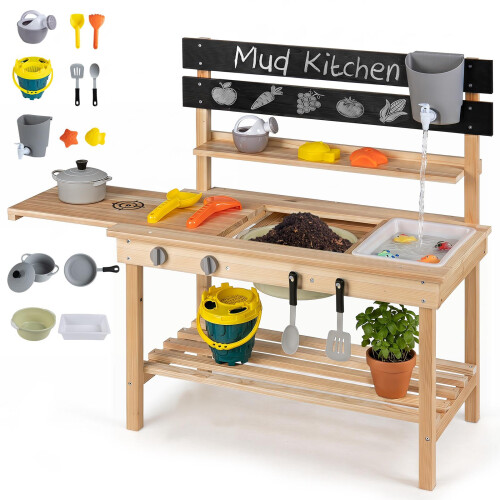 2-in-1 Wooden Mud Kitchen with Sinks and Accessories