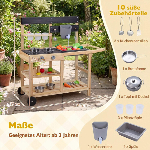 Children's Wooden Mud Kitchen with Wheels and Accessories 1