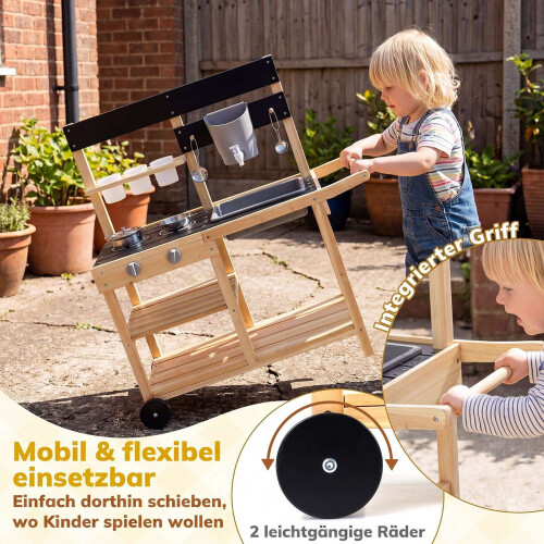 Children's Wooden Mud Kitchen with Wheels and Accessories 2