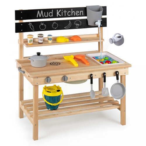 2-in-1 Wooden Mud Kitchen with Sinks and Accessories 1