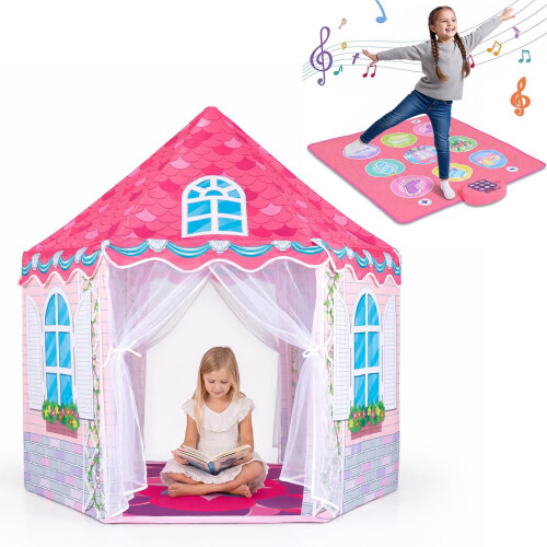 Kids Hexagonal Play Tent with Dance Mat & Tulle Curtain 2