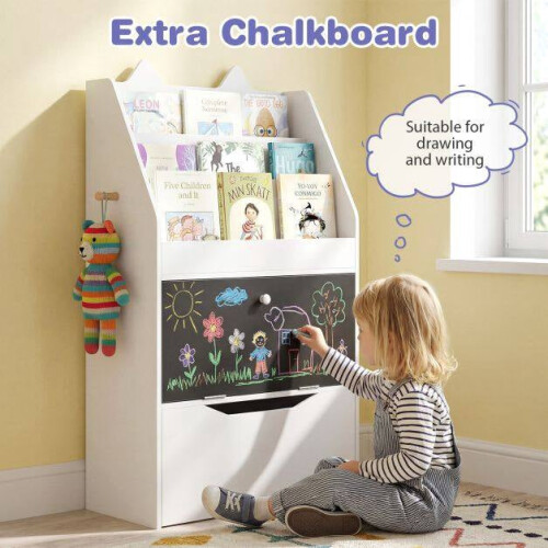 Kids White Bookshelf with Chalkboard and Storage Drawer 1