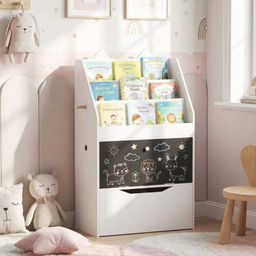 Kids White Bookshelf with Chalkboard and Storage Drawer 2