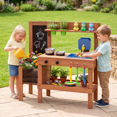 Kids Mud Kitchen with Planter Box, Sink, and 13 Accessories 1