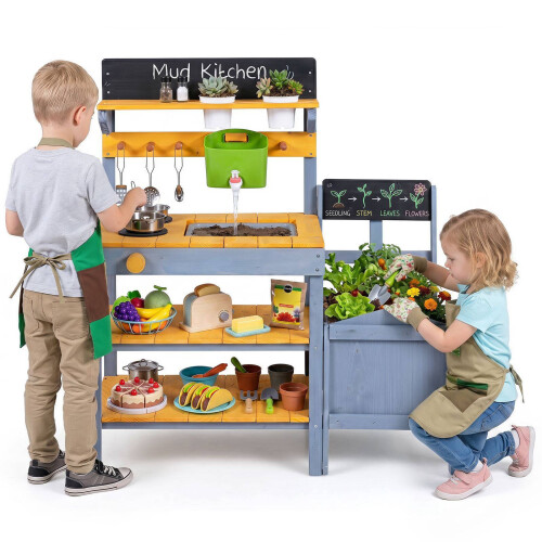 Kids Mud Kitchen Set with Water Reservoir and Chalkboard 1