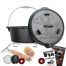 (4.5L, Ohne Füße) GUSSKÖNIG Dutch Oven Set – Gusseisen Schmortopf eingebrannt mit Deckelheber, Bürste & Rezeptbuch