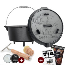 (9L, Mit Füßen) GUSSKÖNIG Dutch Oven Set – Gusseisen Schmortopf eingebrannt mit Deckelheber, Bürste & Rezeptbuch