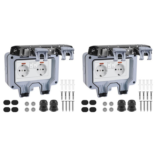 2X Outdoor Socket  Outdoor Wall Socket Garden Socket Surface-Mounted Protective with Hinged Lid EU Plug B