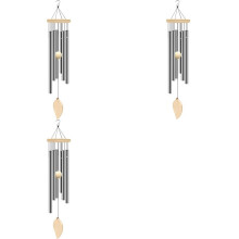 3X Wind Chimes Outdoor, Memorial Wind Chimes with Hook and 6 Tubes, Wooden Wind Chime Decor for Home, Garden,Silver