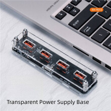 2X Hub USB de 4 Portas com Fonte de Alimentação, 1 para 4, Tipo-C, 5V, Caixa Transparente, Acessório para Desktop, para Uso Externo com Laptops.