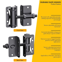 Heavy Duty Self-Closing Gate Hinges for Wood/Metal/Vinyl/PVC Fences, Adjustable Tension, Black Finish, 4-Pack