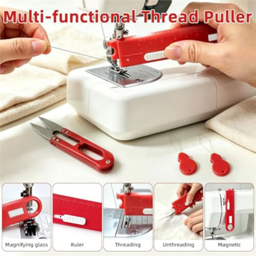 4-in-1 Quick Threader for Sewing Machine with 2 Pcs Threaders, Seam Ripper, Magnifier, Magnetic Guide 1