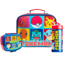 Pokémon Isolierte Lunch Tasche mit Wasserflasche Set für Kinder 3-teilig (Rot/Blau)