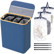 Elegante Cesta para la Colada 3 Compartimentos Organizador 145L Azul Impermeable — clasificador ropa sucia